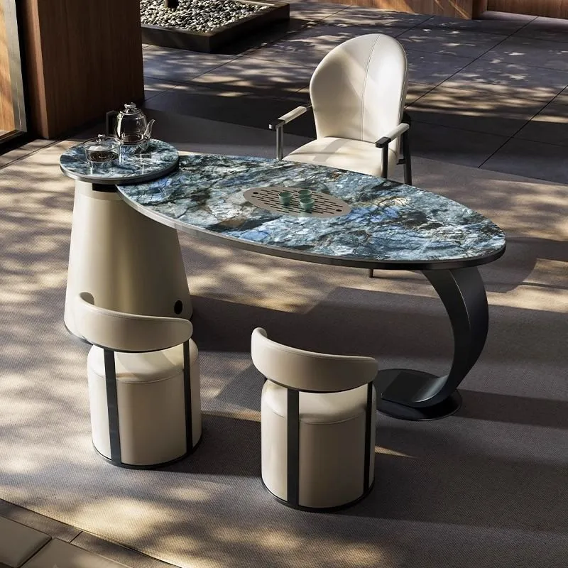 

Italian light luxury rock slab tea table small household tea table office coffee table kettle integrated balcony
