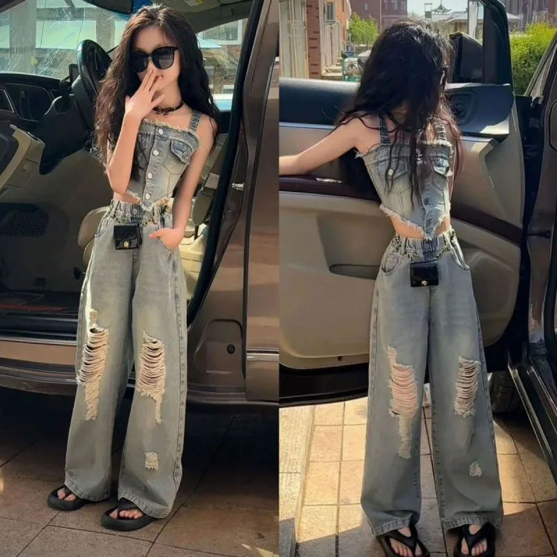 

Girls Suits 2024 Summer Vintage Denim Suit Harbor Flavor Halter Tank Top Big Kids Ripped Wide-leg Pants Two-piece Set Clothes