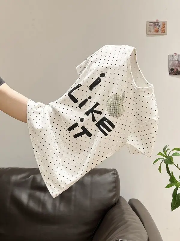 Czysta Bawełna Koreańskie Słodkie Urocze Koszulki w Białe Kropki Zabawny Nadruk \"I Like It\" Unikalne T-shirty Y2K Młodzieżowe Damskie Lata 2000 Retro Letnia Koszulka
