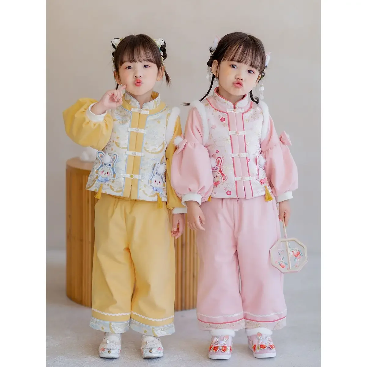 2023 Winter Kawaii Girls Thickened Tang Suit Two Piece Suit  Chinese Traditional Rabbit Decorated Children New Year's Clothes