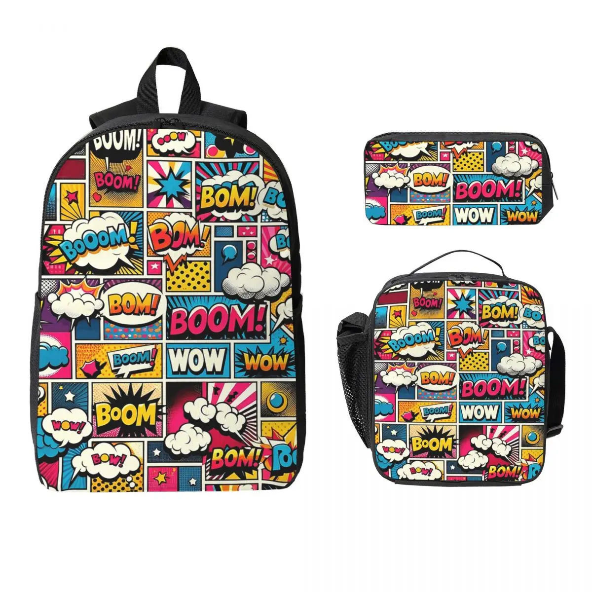 Comic Book Bang Pattern Backpack Student Boys Girls BookBag School Bag Laptop Shoulder Bags 3ps Insulated Lunch Bag Pencil Case