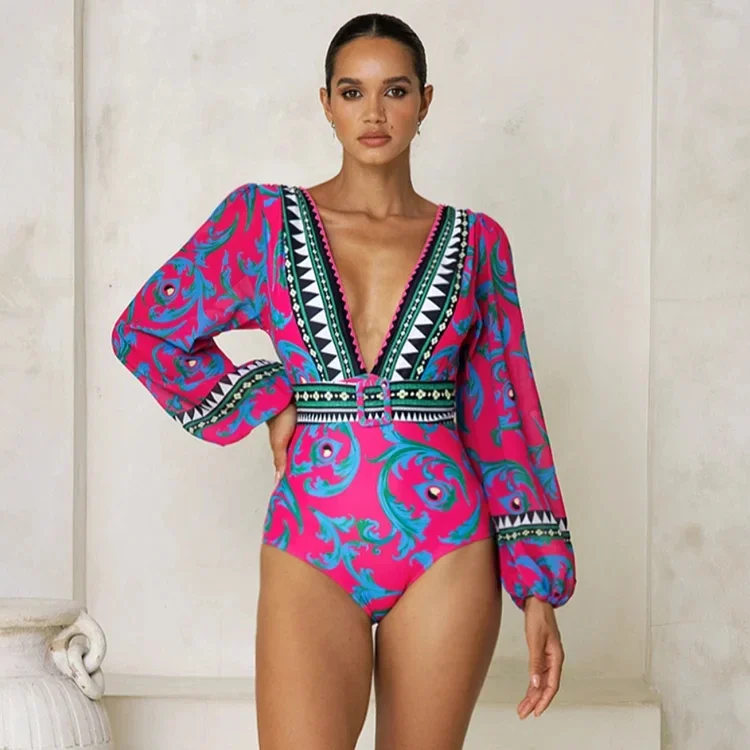 Women's Long-Sleeved Peacock Totem Print V-Neck Beachwear, One Piece Swimsuits, Bathing Suit, Bikini Sets, Swimwear, 2 Pcs