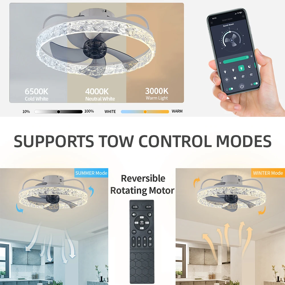 IRALAN Smart Ceiling Fan Fans With Lights Remote Control Bedroom Decor Ventilator Lamp 360° Rotation Motor Air Invisible Blades