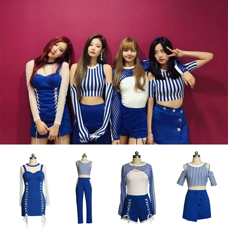 K POP Korean Women Group Blue Singing Suit Hip-Hop Stage Performance Costumes Jazz Dance Navel Exposed Sports Outfits VBH227 ﻿