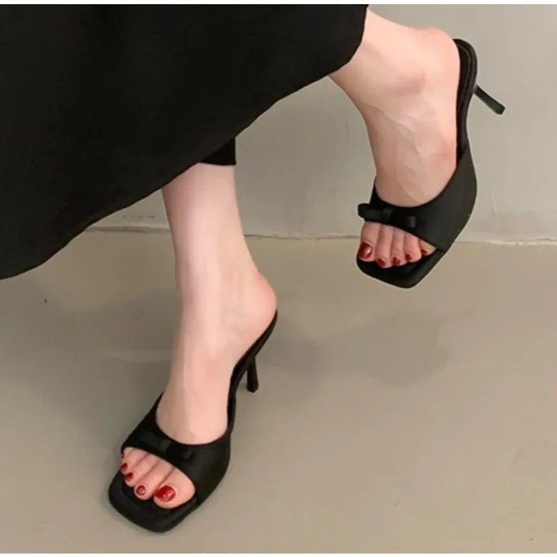 

Slipper Mules Low High Heels Shoes Summer Best Street Look Females Square Head Open Toe Bow Strappy Sandals Sandalias De Mujer