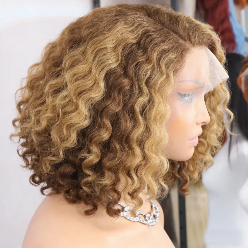 

250% Density 4/27 Curly Short Bob Wigs 100% Human Hair Highlight Deep Wave Human Hair Wigs Water Curly Short Hair Wigs For Women