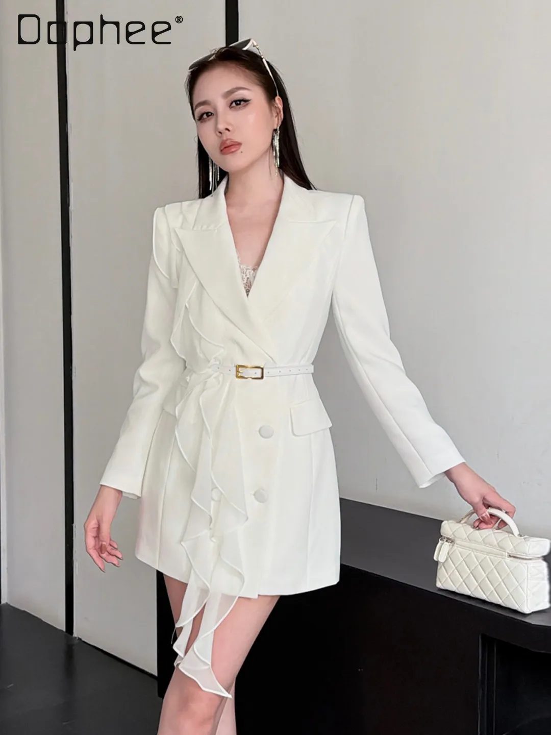

Fashion Temperament Suit Dress Women's Spring New High-end French Irregular Ruffle Edge Slim Fit Cross Collar Slim Mini Dress