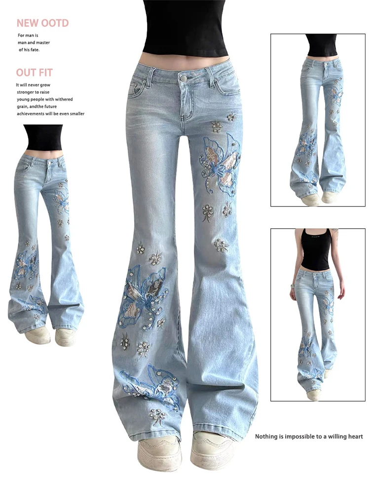 

2025 Осень Зима Женские дизайнерские брюки-клеш в стиле Харадзюку со стразами и низкой посадкой 2000-х годов Y2k Узкие джинсы с расклешенными джинсами Bell Bottom Gyaru