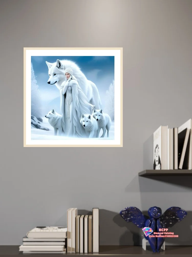 Woman and White Wolf Diamond Painting Kit Square Round Diamond 5D DIY Mosaic Handmade Art Unique Exquisite Gift Home Decor