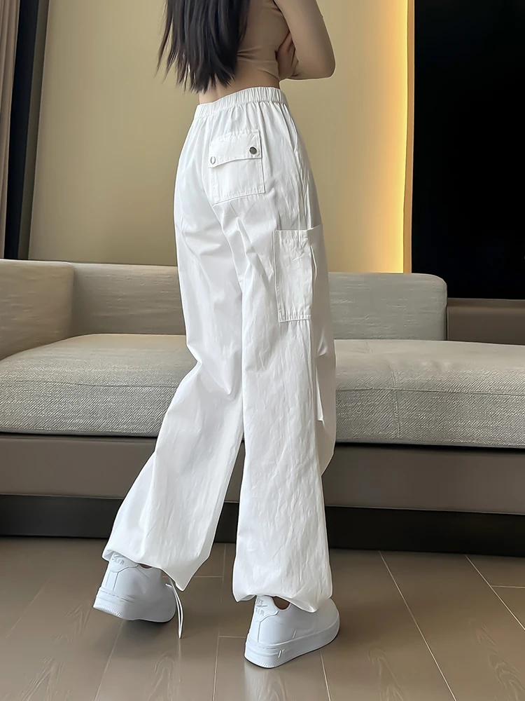 QOERLIN White Washed Pure Cotton Sweatpants Women Elastic Waist Wide Leg Casual Baggy Pants with Pocket Trousers Cargo Pants