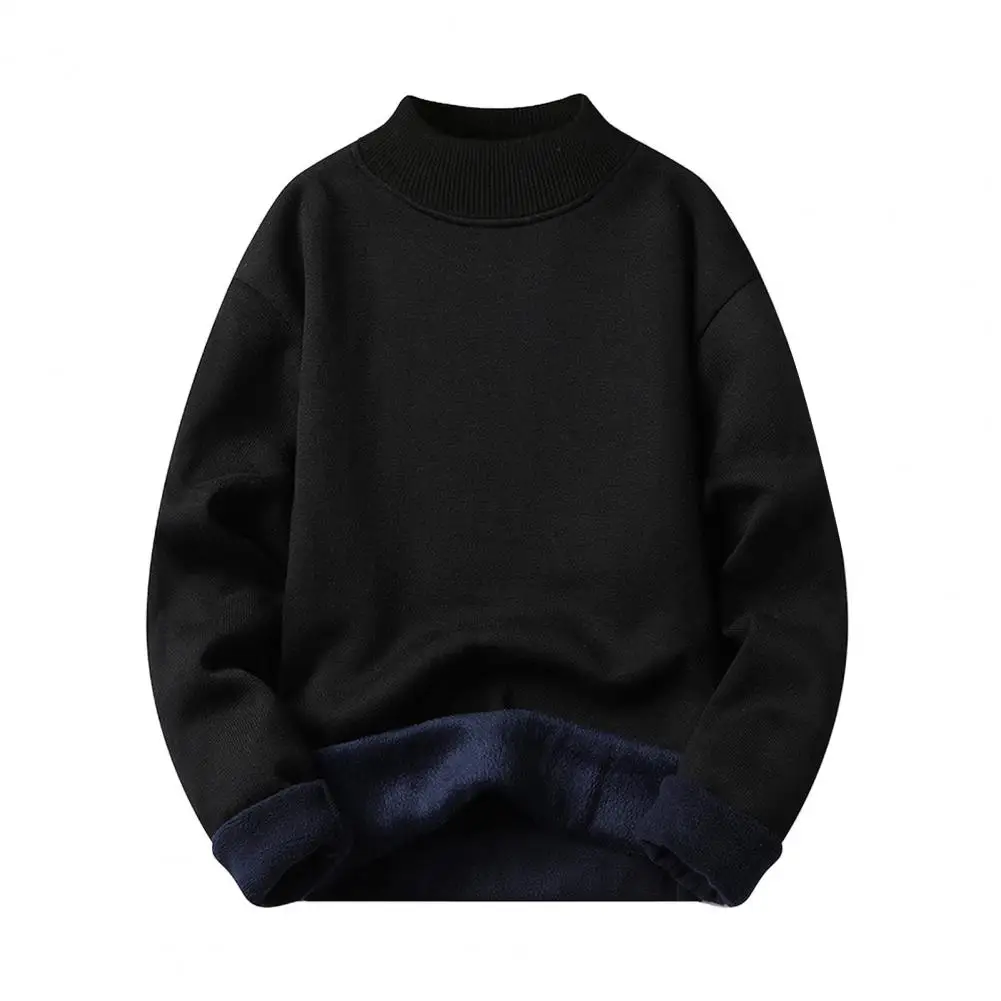 Fall Men Sweater Thick Plush Lined Half-high Collar Knitted Solid Color Elastic Pullover Loose Sweater