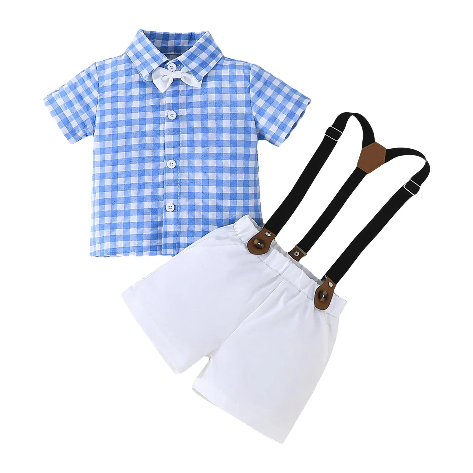 

Baby Boy Gentleman Wedding Suits Short Sleeve Lapel Plaid Shirt with Suspender Trousers Bowtie Birthday Party Photography Outfit