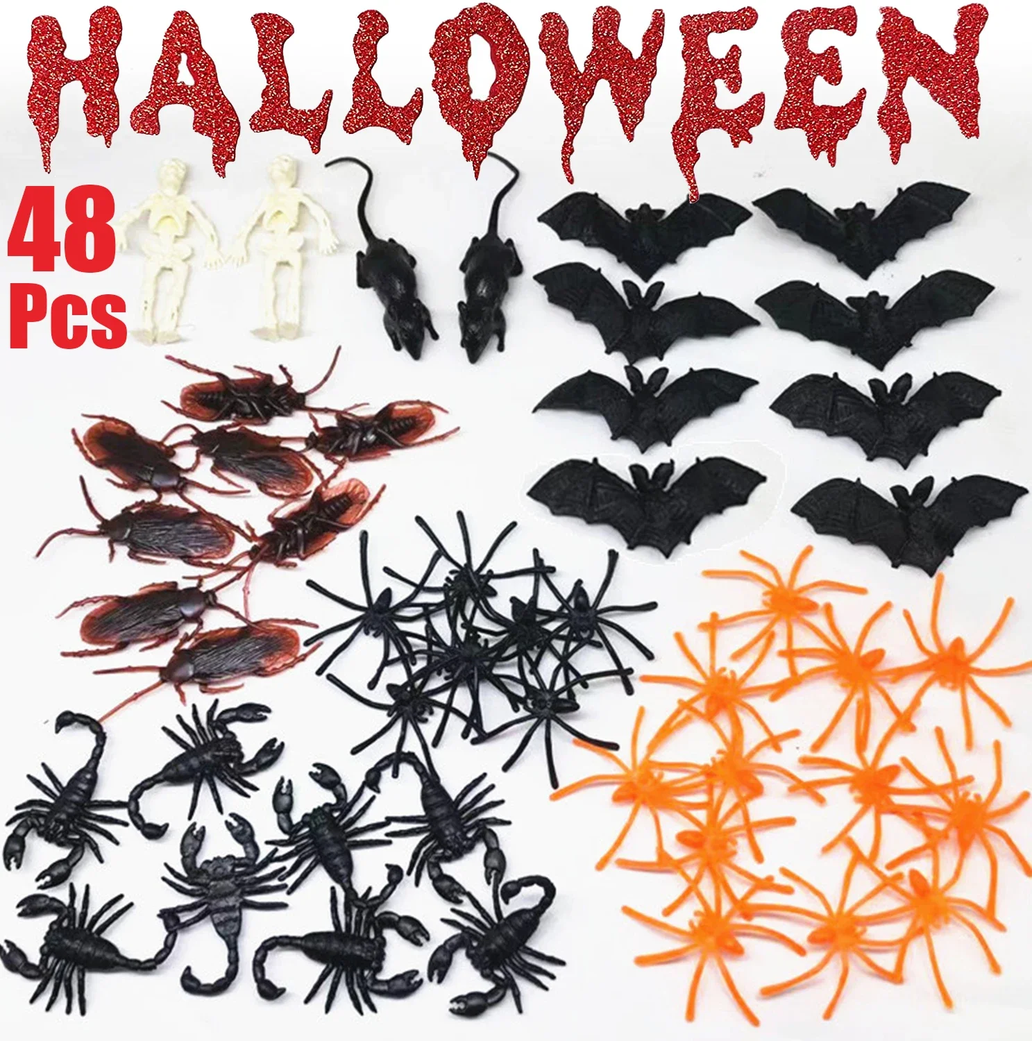 48Pcs/set Halloween Gadget Mischief Toys Plastic Cockroaches Joke Gags Toy Spider Bats Skelet Funny Toys Party Decoration Props