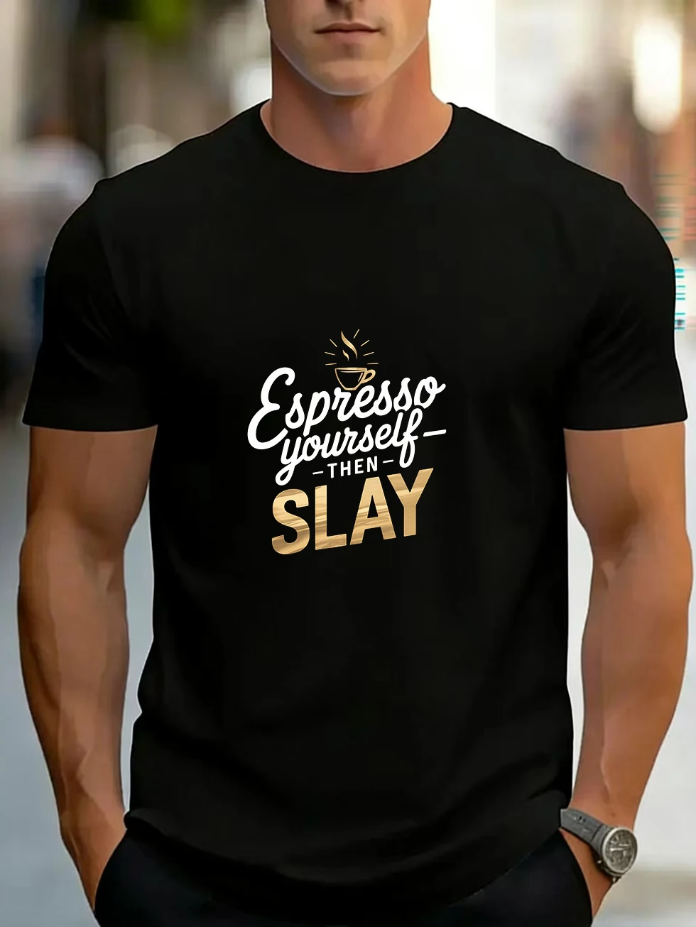 Men's Short-Sleeved T-Shirt with Skull, Cigar, Trendy Font, Coffee Cup Pattern, Unisex Couple Style, Pure Cotton