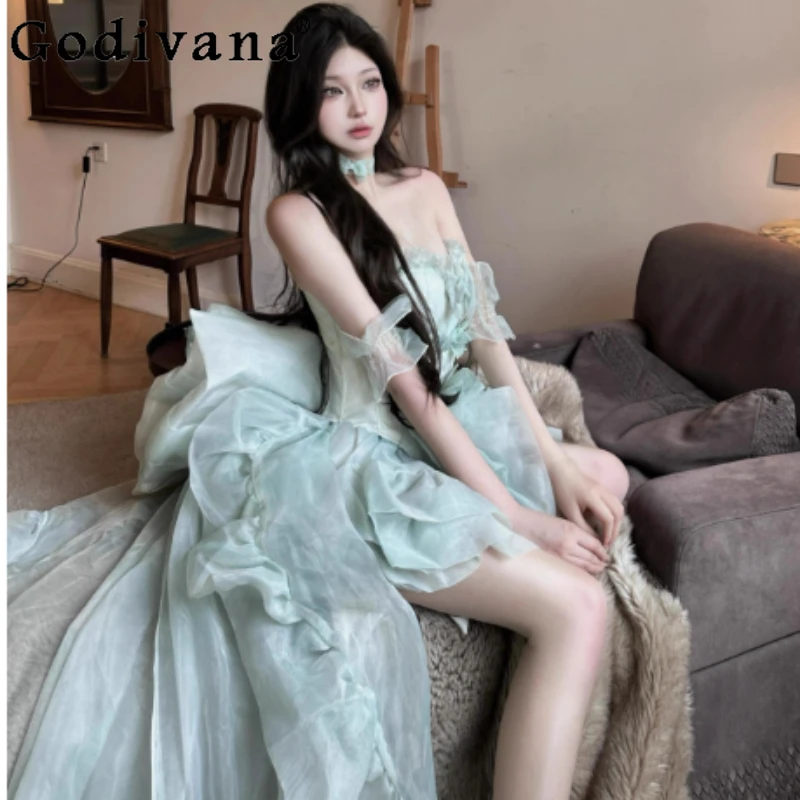 

Summer Green Princess Tail Sets Sweet Bow Versatile Age Reduction Strapless Top High Waist A-line Fashion Lolita Cake Skirt