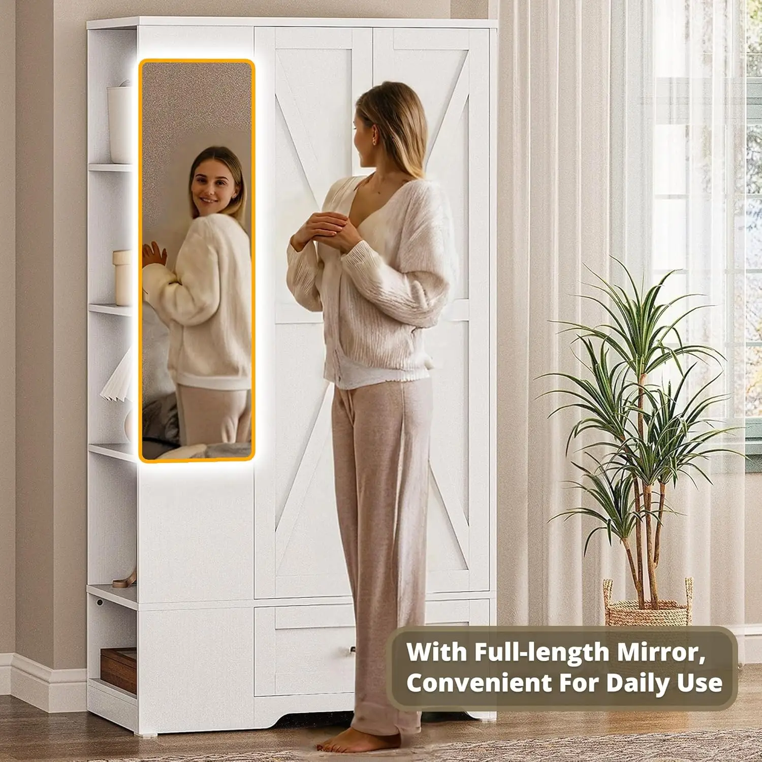 خزانة ملابس LIKIMIO Armoire مع أبواب وأدراج الحظيرة ومرآة كاملة و5 أرفف تخزين وخزانة غرفة نوم خشبية مقاس 70 بوصة