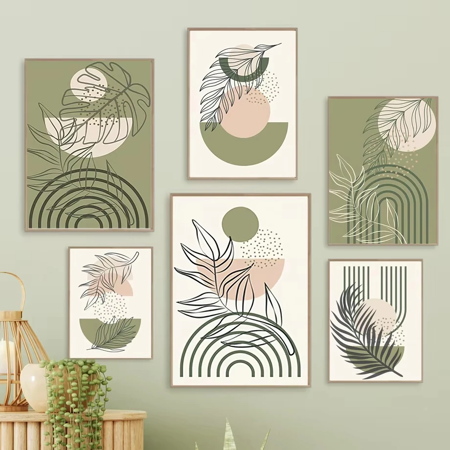 Sage Green Boho Wall Art Canvas Painting Abstract Geometric Lines Leaf Poster Prints Medieval Living Room Home Decoration Images
