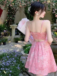 2024 New Pink Romantic Floral Skirt Summer Slimming Solid Color Fashionable and Fresh Short Skirt Small Slim Strap Dress S6YW