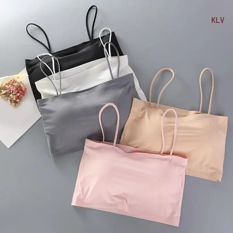 Women Sling Straps Tube Top Gathered Underwear Summer Ice Silk Seamless Bandeau Bras Wirefree Padded Intimates Bralettes