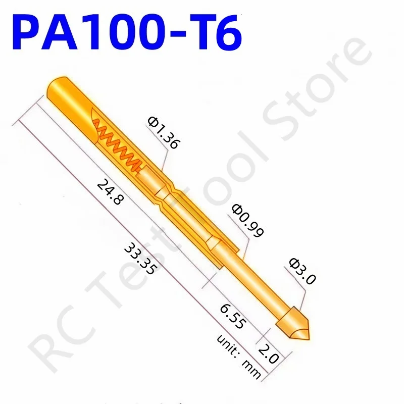 

100PCS PA100-T6 Spring Test Probe PA100-T Test Pin P100-T P100-T6 Test Tool 33.35mm 1.36mm Needle Gold Tip Dia 3.0mm Pogo Pin