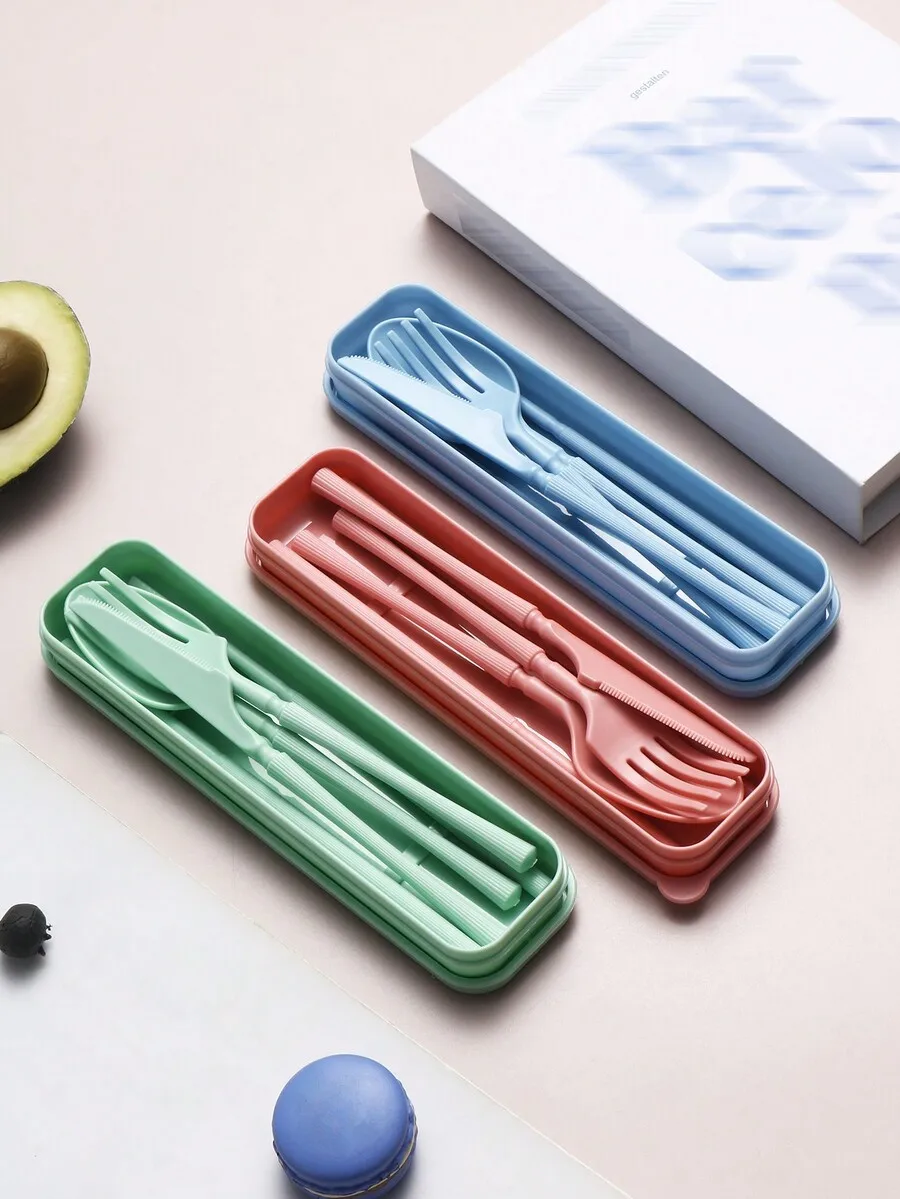 Portable Plastic Striped Cutlery Set With Storage Box Reusable Spoon Fork Knife Chopsticks For Camping Picnic Daily Use