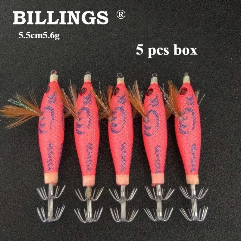 BILLINGS 5 Stück Box Leuchtende Ausgewogene Garnelen Holz-Garnelen- und Tintenfisch-Haken 5,5cm 5,6g Leuchtendes Bionisches Garnelen-Set Box