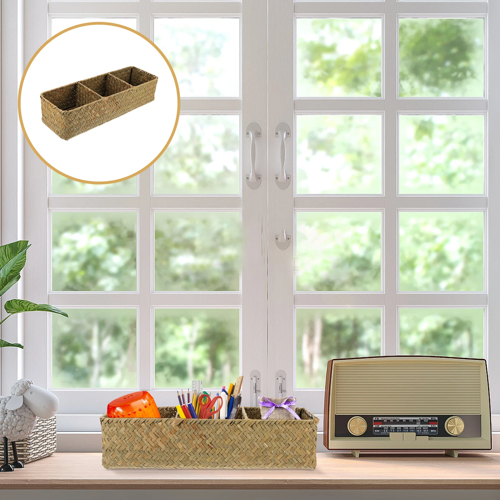 

Rattan Storage Box Compartment Bins Tabletop Organizer Home Baskets Bracket Bathroom Countertop Woven