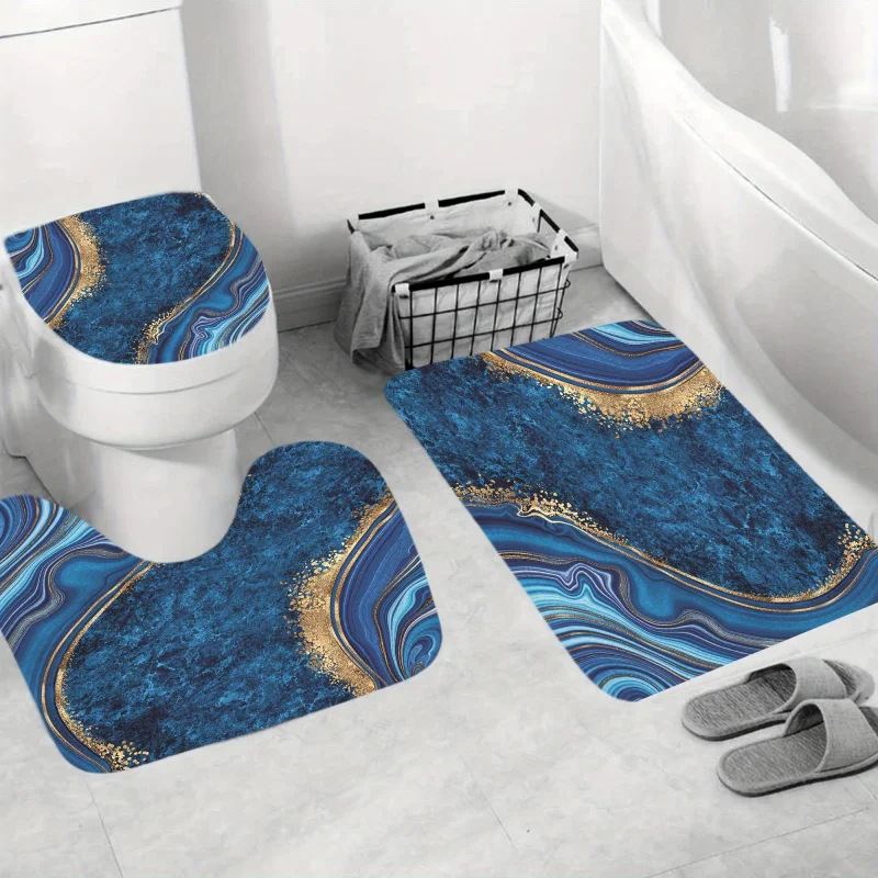 1/4pcs Blue Marble Printed , Bathroom Decorative Set Including Waterproof Shower Curtain, Anti-slip Mat, Toile