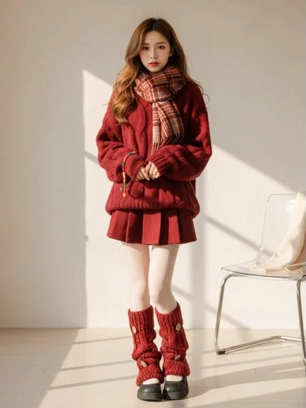 Cisas ensemble pull tricoté avec jupe à bretelles en ruban automne hiver minceur couleur rouge fille Faion usage quotidien deux tartes...