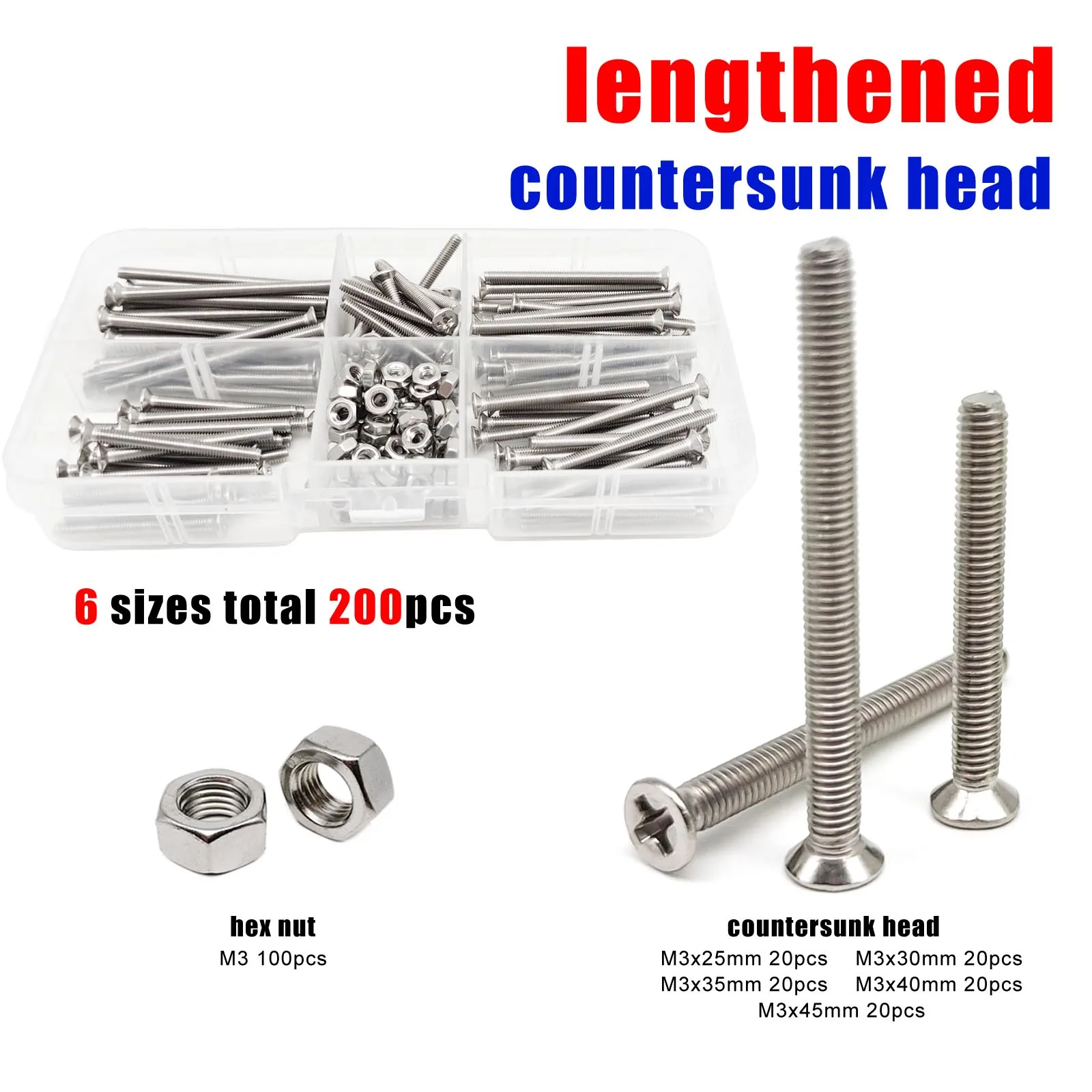 200pc/Kit Lengthened M3 Crossed Phillips Round Pan Flat Countersunk Head Screw Bolt Nut Assortment Set 304 A2-70 Stainless Steel