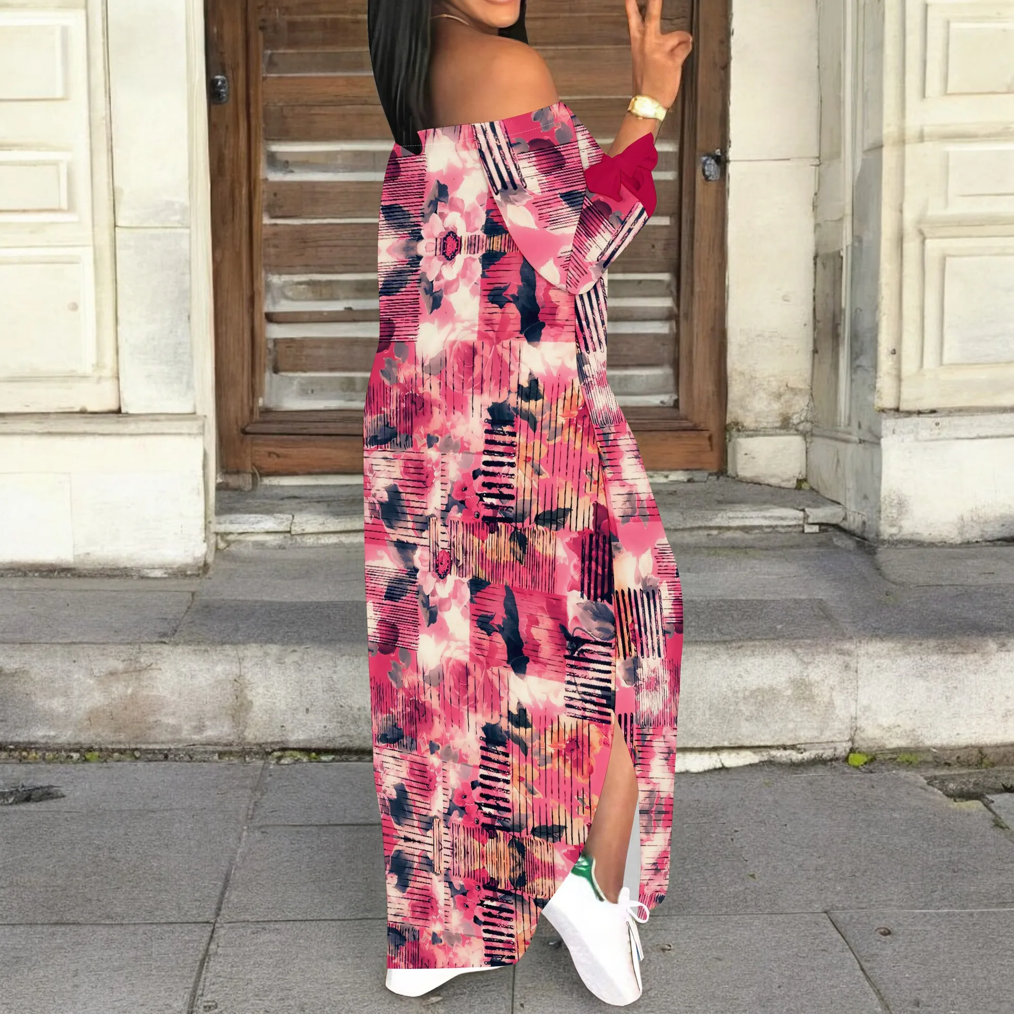 女性用 花柄 オフショルダー マキシドレス 3/4 スリーブ マルチカラー ブルー スリット パーティー イブニング