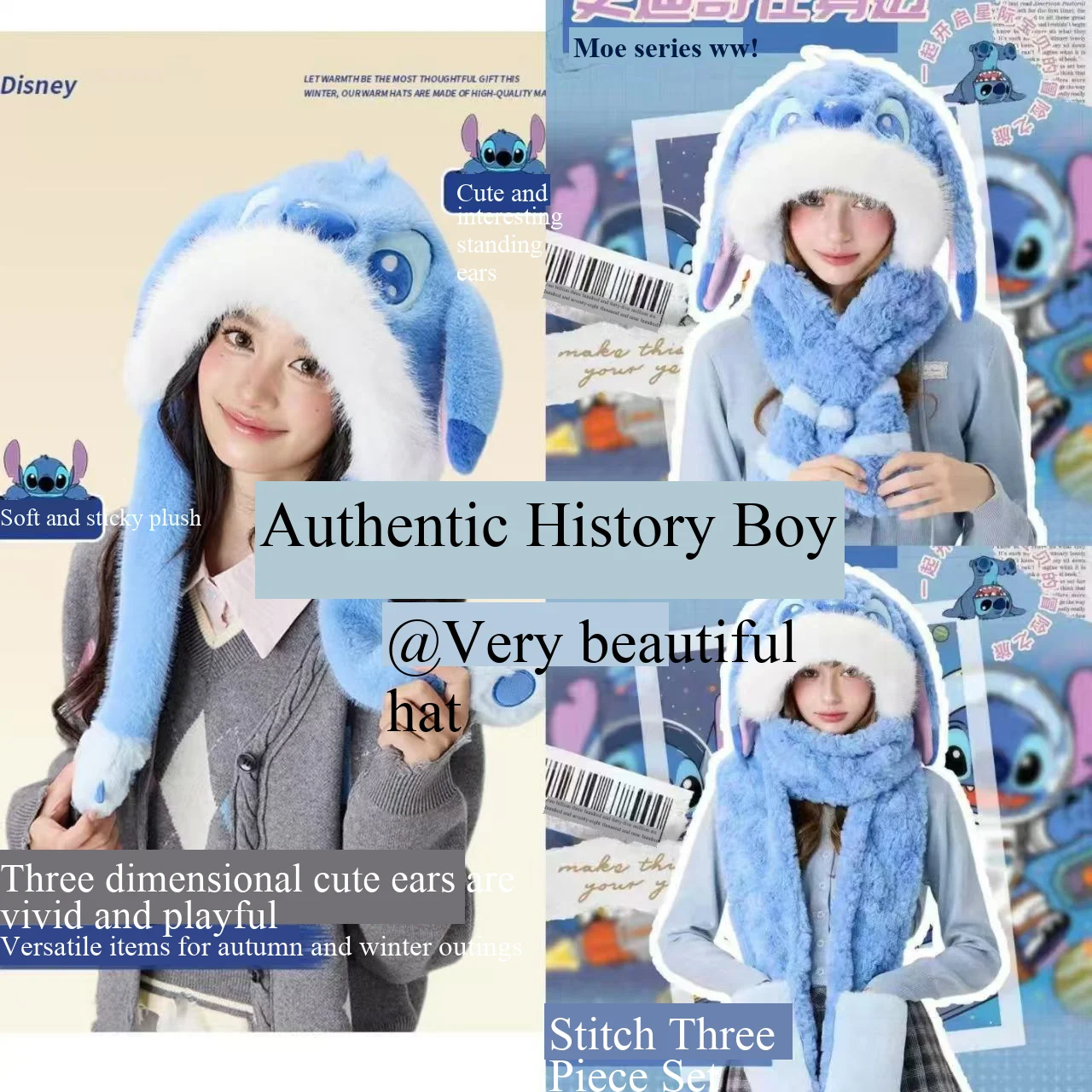 Simpatico cappello con paraorecchie Disney Stitch 67 cm kawaii "Orecchie spostate con il cappello" tenere al caldo addensare cappello da cartone animato per studenti regalo di compleanno per ragazza