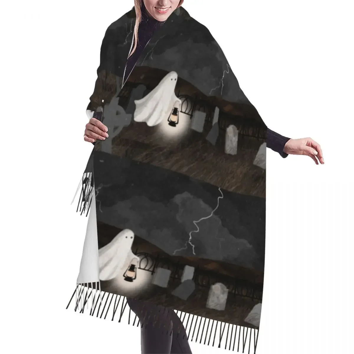 

Custom The Graveyard Scarf Wrap Women Long Winter Fall Warm Tassel Shawl Unisex Halloween Horror Ghost Scarves