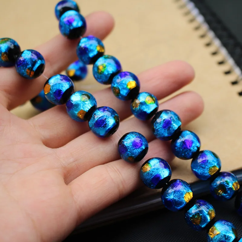 10 12mm Lampwork Glass Beads  Ocean Blue foil with blue orange dots  Round Beads for jewelry Making Accessories Japanese Style