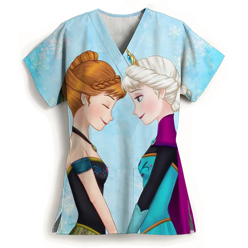 Disney Princess Pocket Women's V Neck Nurse Uniform T-Shirt Woman Clothing Summer Cheap Top New Dress S-3XL Y2k 2024 Kawaii Tops