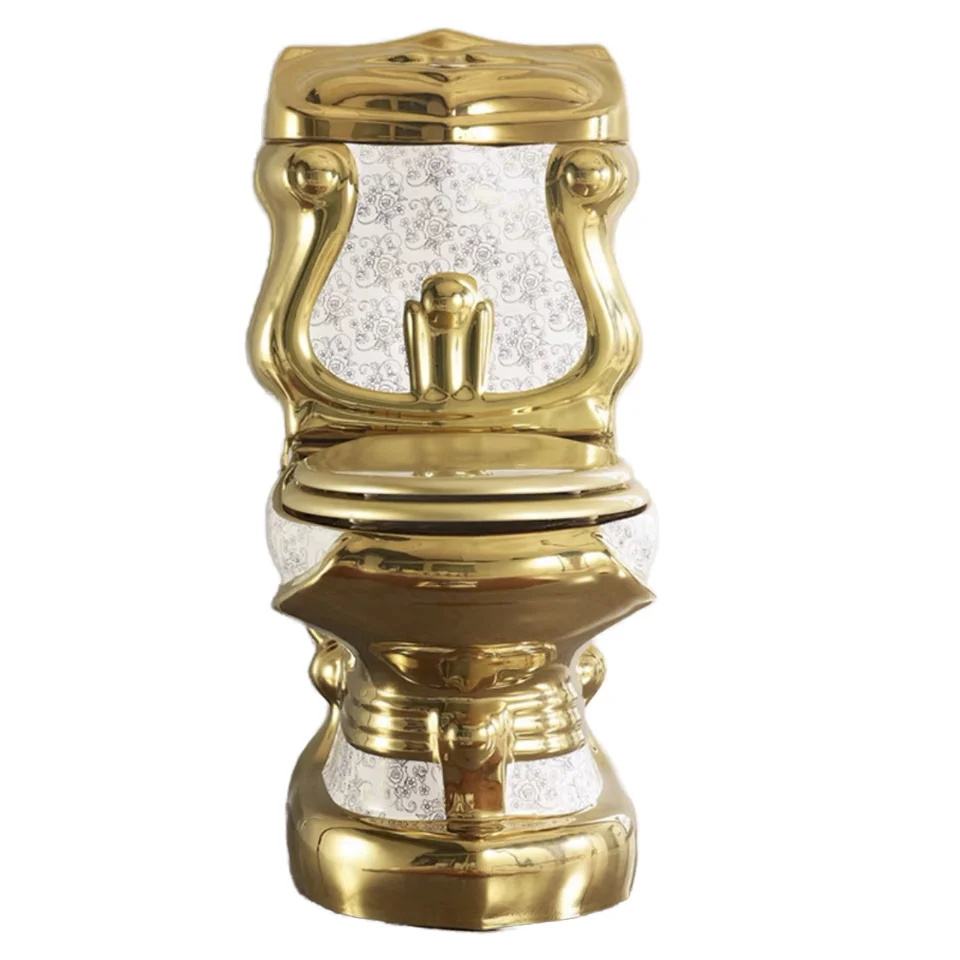 

Modern White and Gold One-Piece Elongated Pissing WC Toilet with Dual-Fllush Floor Mounted Golden Toilet
