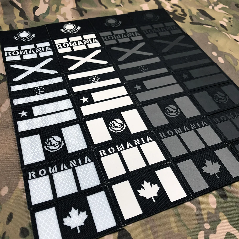 Black Laser Cut IR IFF Reflection, Luminous Flag Patch, Mexico, Texas, Romania, Canada, Scotland, Russia, Tajikistan