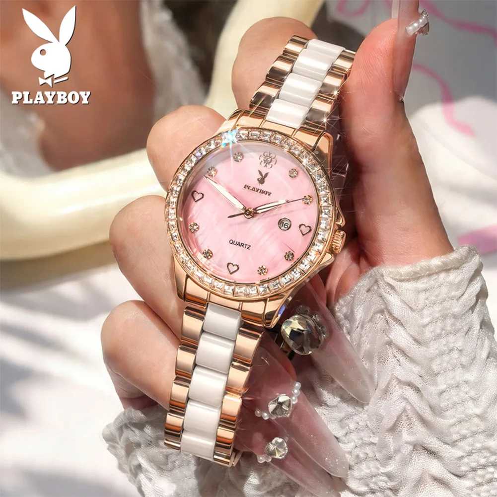 PLAYBOY 3555 Women Watch Pearl Dial Stainless Steel Ceramic Watch Band 30m Waterproof Fashion Calendar Display Fashion Watch