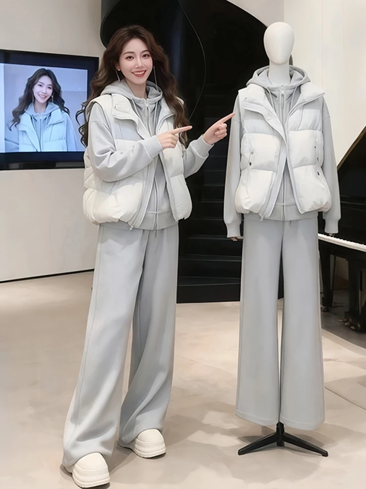 

Casual Faionable Hooded Sweatirt Vest High Waist Wide Leg Pants Tee Piece Set Warm Slimming Autumn Winter Wear for Women