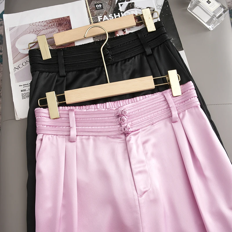 

New Chinese Style High Waist Narrow Version Acetate Satin Wide Leg Pants Summer Pink Drapey Button Pocket Commute Style