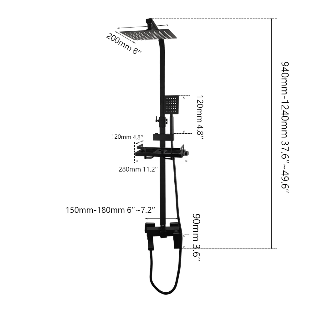 OUBONI Bathroom Shower System With Shelf Matte Black Rainfall Stream Water Outlet Wall Mounted 3 Functions Hot Cold Mixer Taps