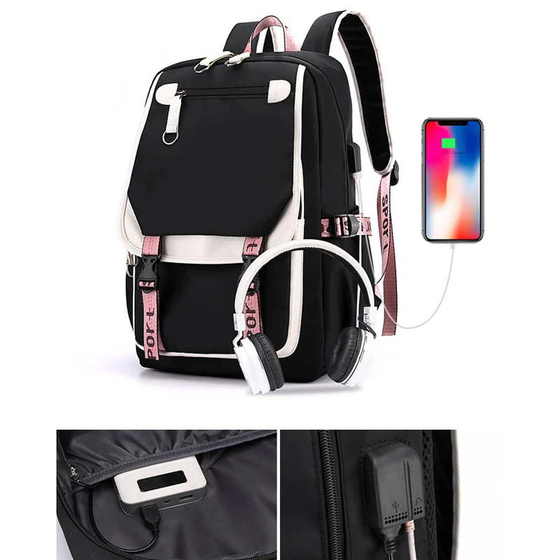 Large School Package Teenage Girls USB Port Canvas Schoolbag Student Book Bag Fashion Black Pink Teen School Backpack Dropshippi