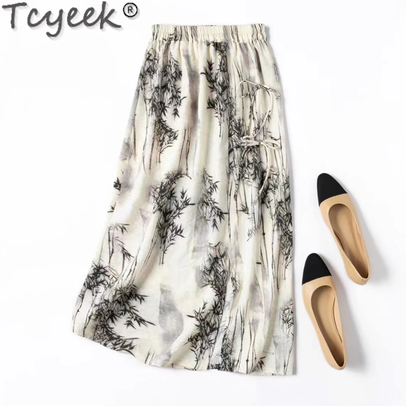 

Tcyeek 76% Mulberry Silk Skirts for Woman Elegant Women's Skirt 2024 Spring Summer Split Skirts Lace-up Long Skirt Saia Feminina