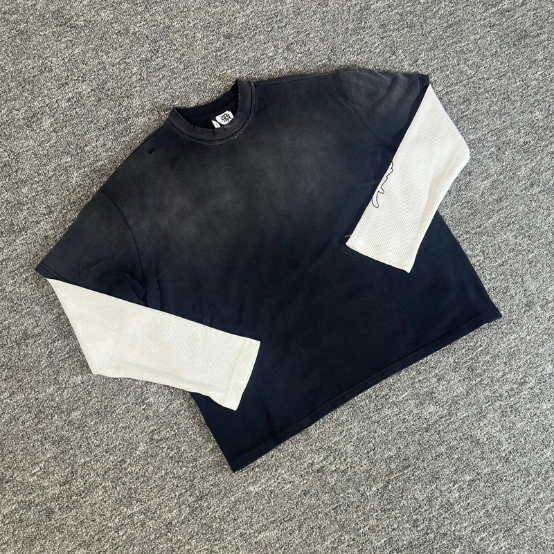 

Футболки с длинными рукавами Mertra Real Photo, мужские уличные модные топы с вафельными рукавами, потертая черная футболка с вышивкой логотипа Mertra, футболка