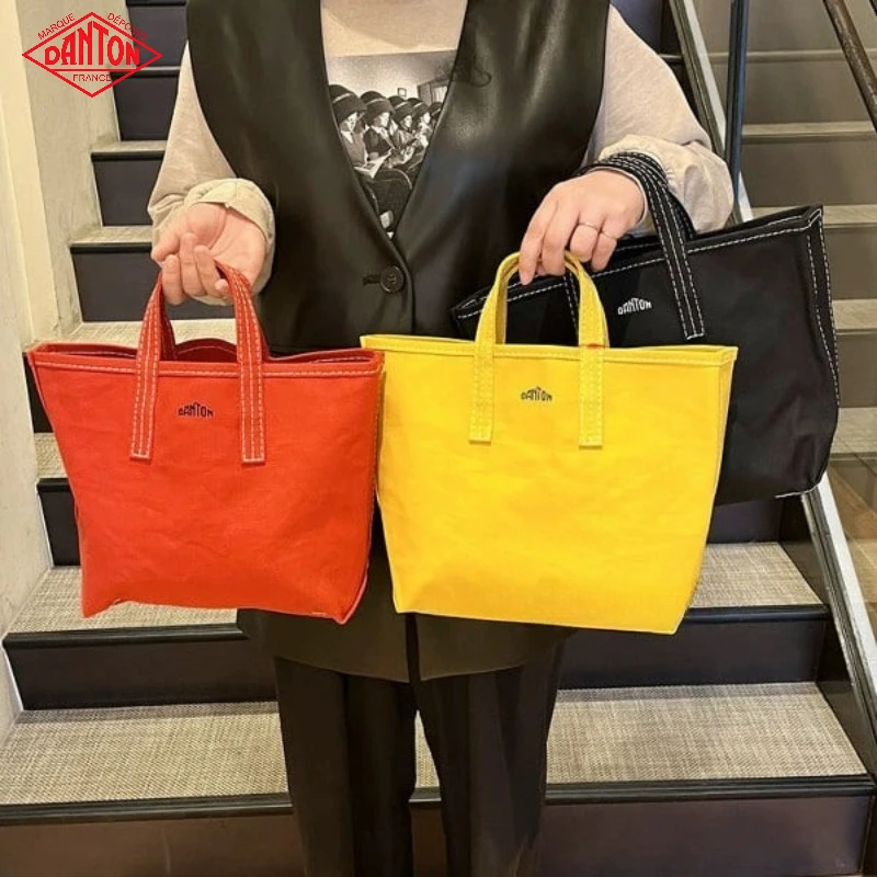 DANTON Japanese Vintage Workwear Canvas Tote Bag, Embroidered Casual All‑Match 2‑Way Shoulder Handbag for Women