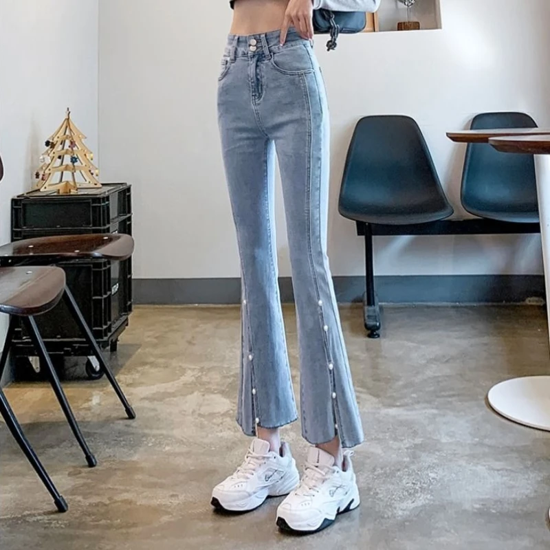 Women's 2026 Summer Denim Flare Pants High Waist Slim Fit Ankle Length Jeans For Petite Split Hem Casual Trousers