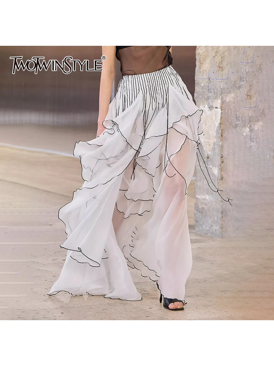 TWOTWINSTYLE Runway Spliced Ruffles Sheer Mesh Skirt for Women High Waist Bright Line Decoration Elegant Long Skirts Female New