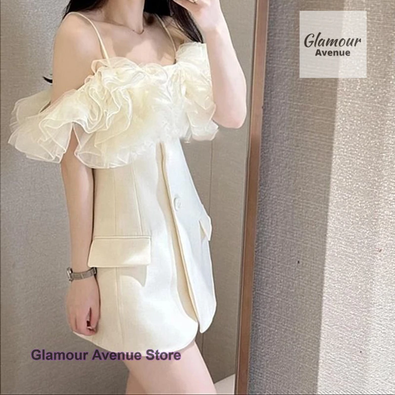 

French style niche high-end dress for women's summer new fashion design sense versatile mesh ruffle edge one shoulder skirt