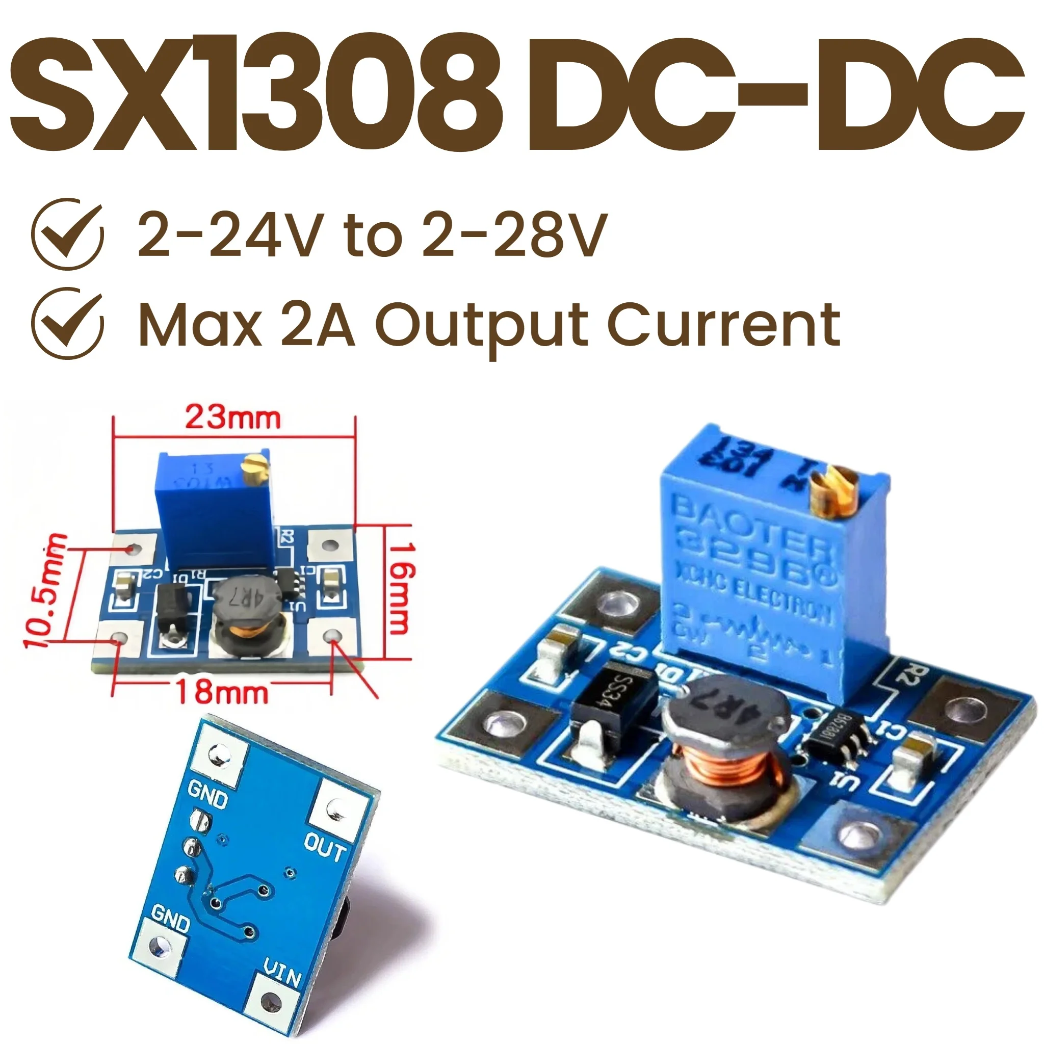 2/5/10Pc SX1308 DC‑DC Step‑Up Boost Converter Module 2A Adjustable Power Board Input 2‑24V Output 2‑28V Voltage Regulator Module