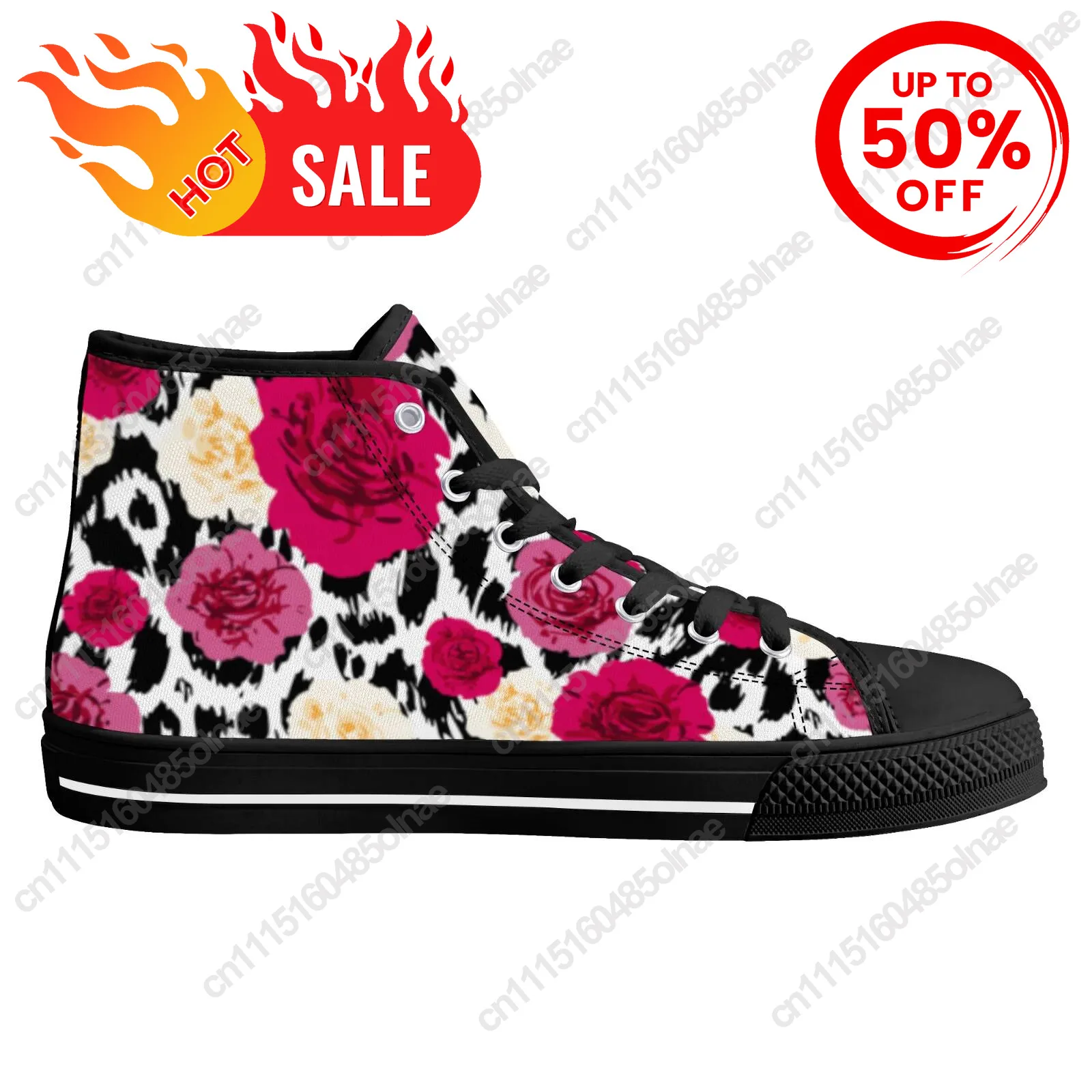 Leopard Rose Print Classic Red High-Top Canvas Shoes With L Are Flat Suitable For Men And Women